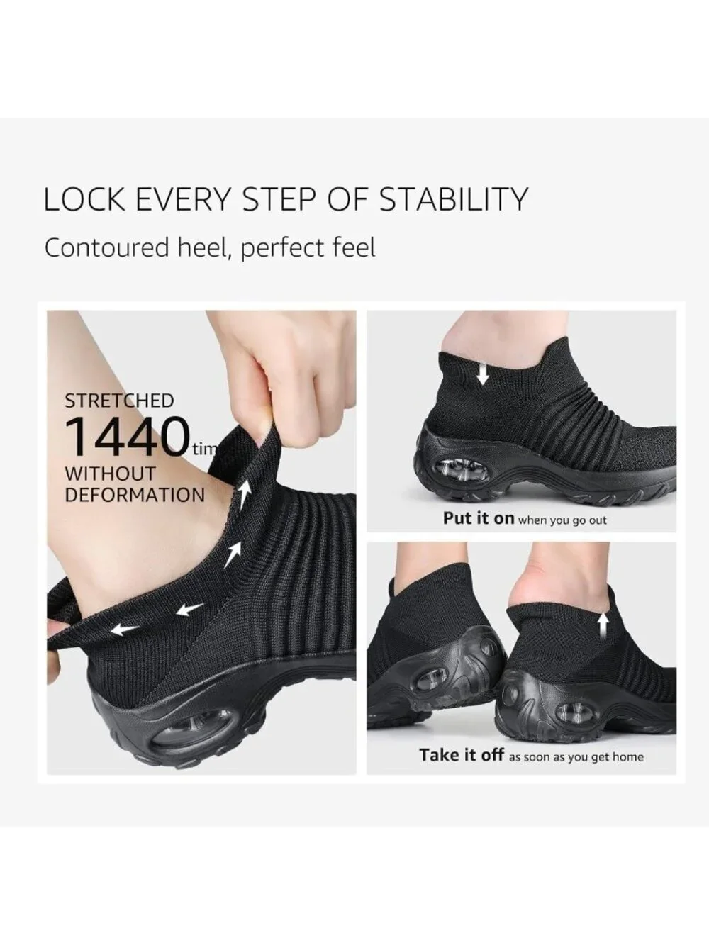 Women's All Black Walking Arch Support Non Slip Breathable Upper Sneaker Shoes